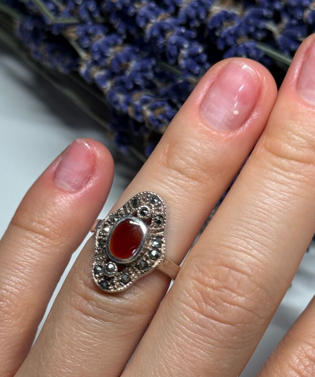 925 Sterling Silver Amber & Marcasite Ring Size 5