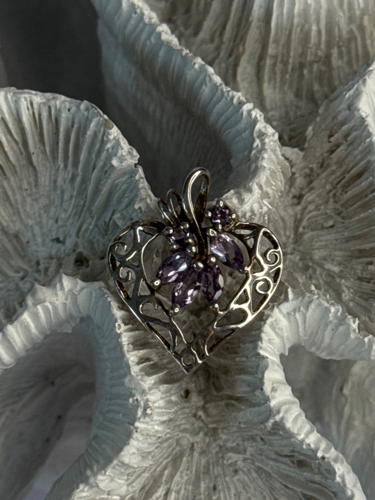 925 Sterling Silver Amethyst Heart Pendant Length 1 Inch