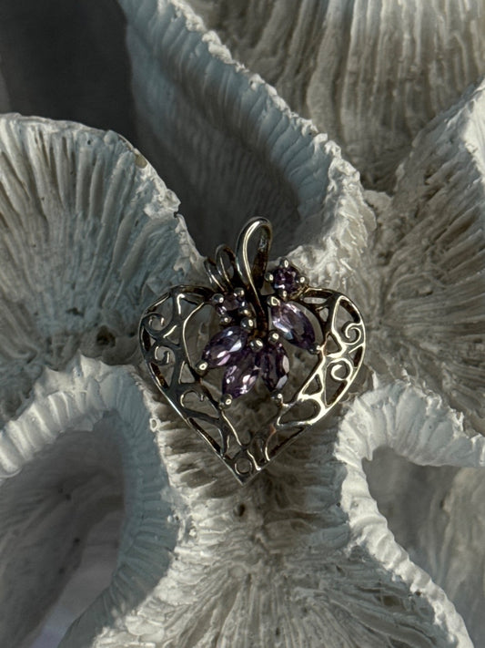 925 Sterling Silver Amethyst Heart Pendant Length 1 Inch