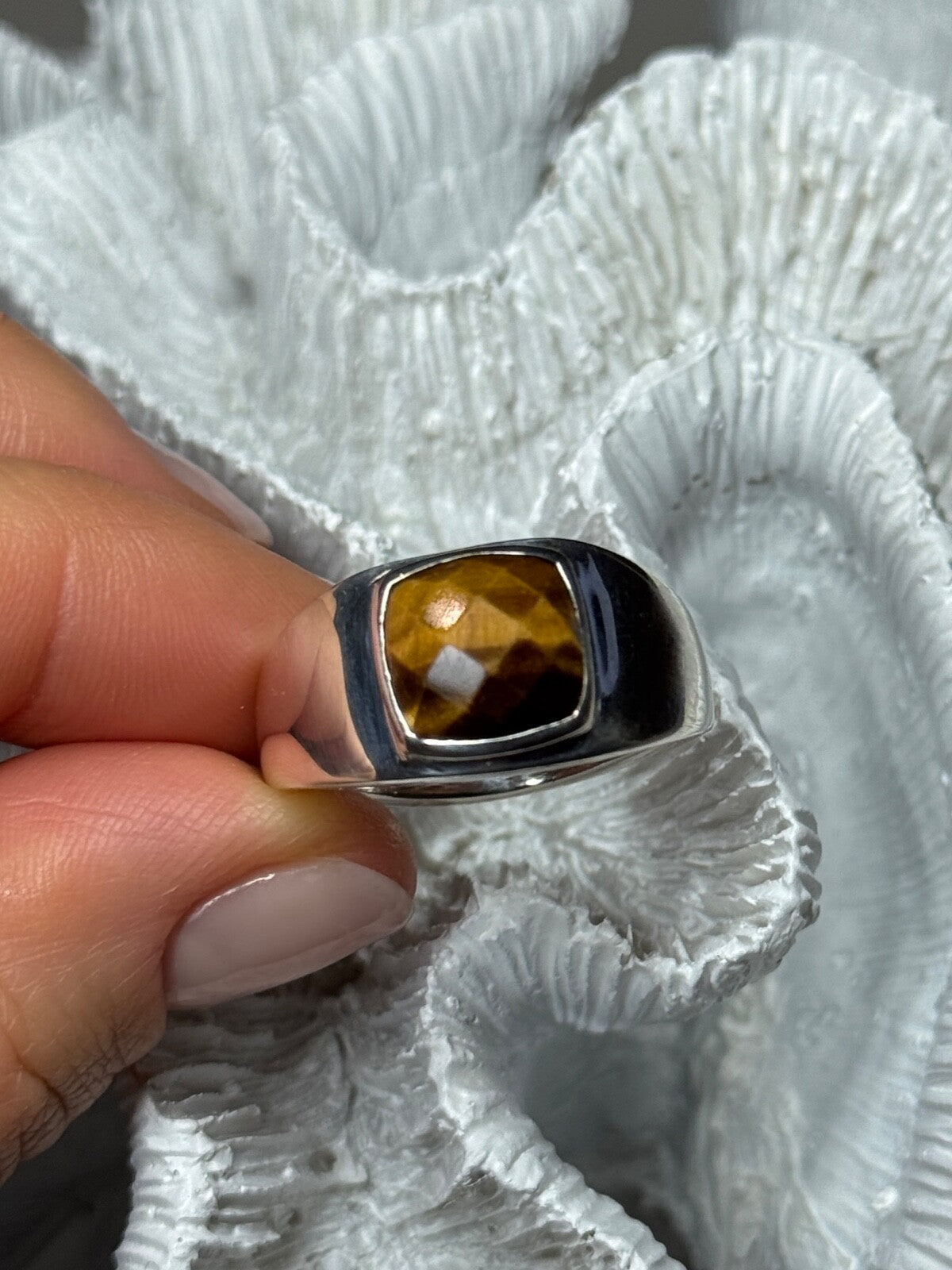 925 Sterling Silver Amber Men'S Ring Size 8