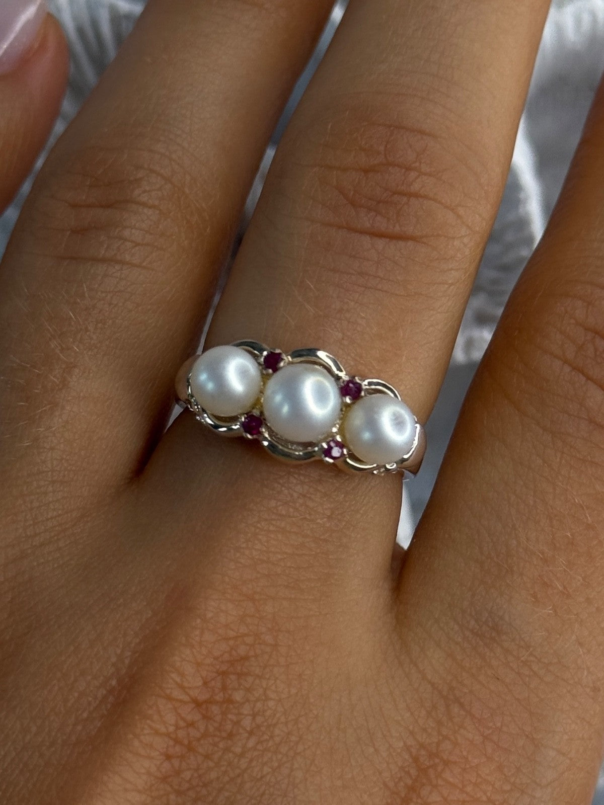 925 Sterling Silver Pearl & Ruby Ring Size 8