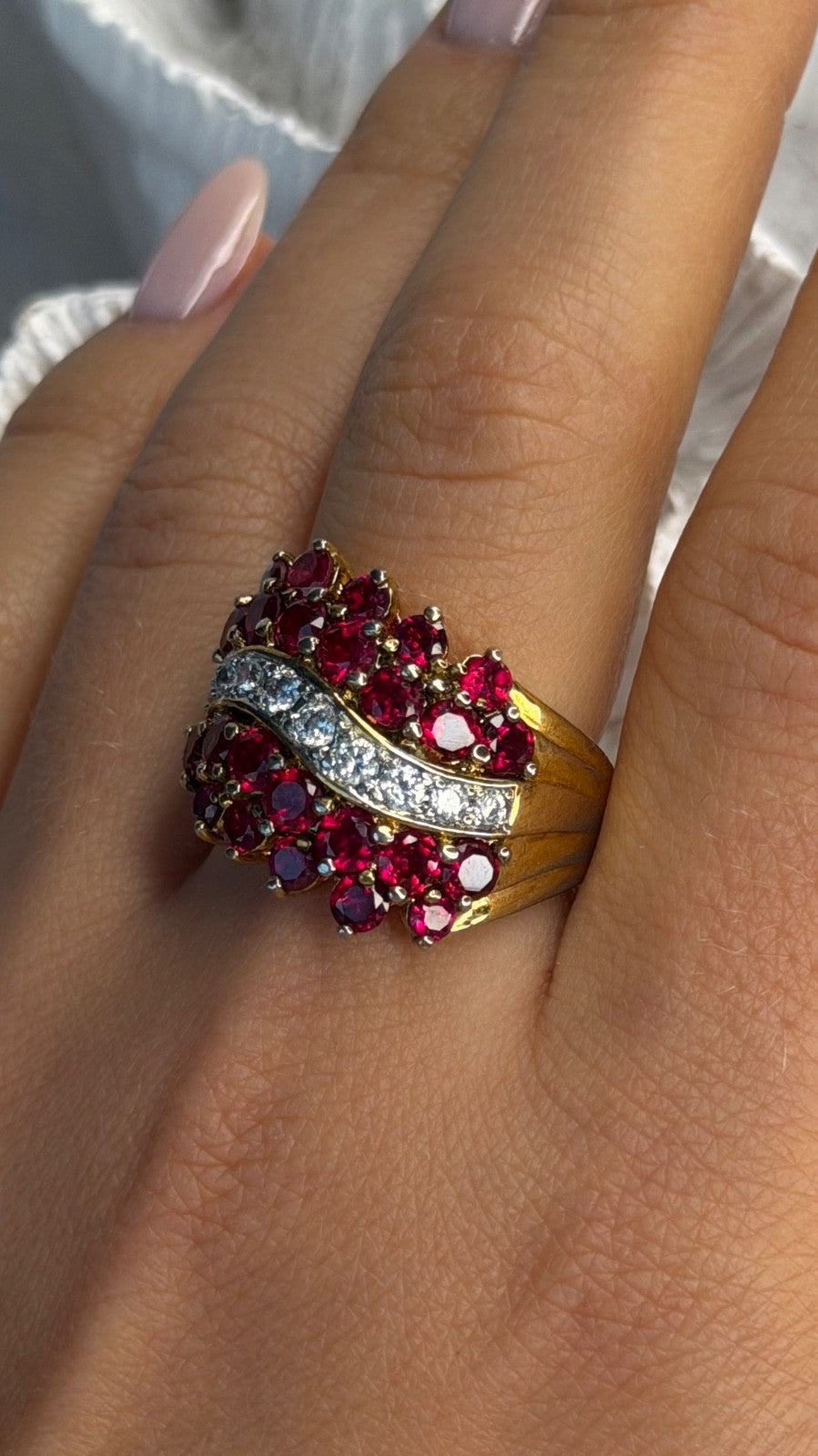 925 Sterling Silver Gold Plated Red & White Spinel Ring Size 9