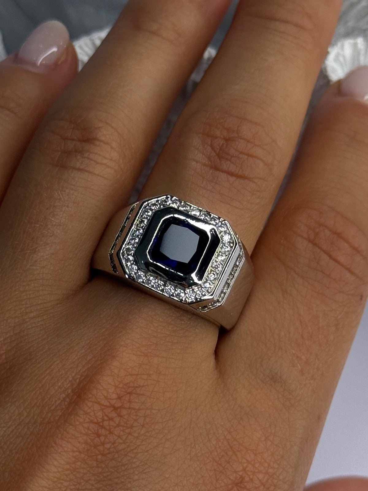 Mens 925 Sterling Silver Sapphire & Beryl Ring Size 10