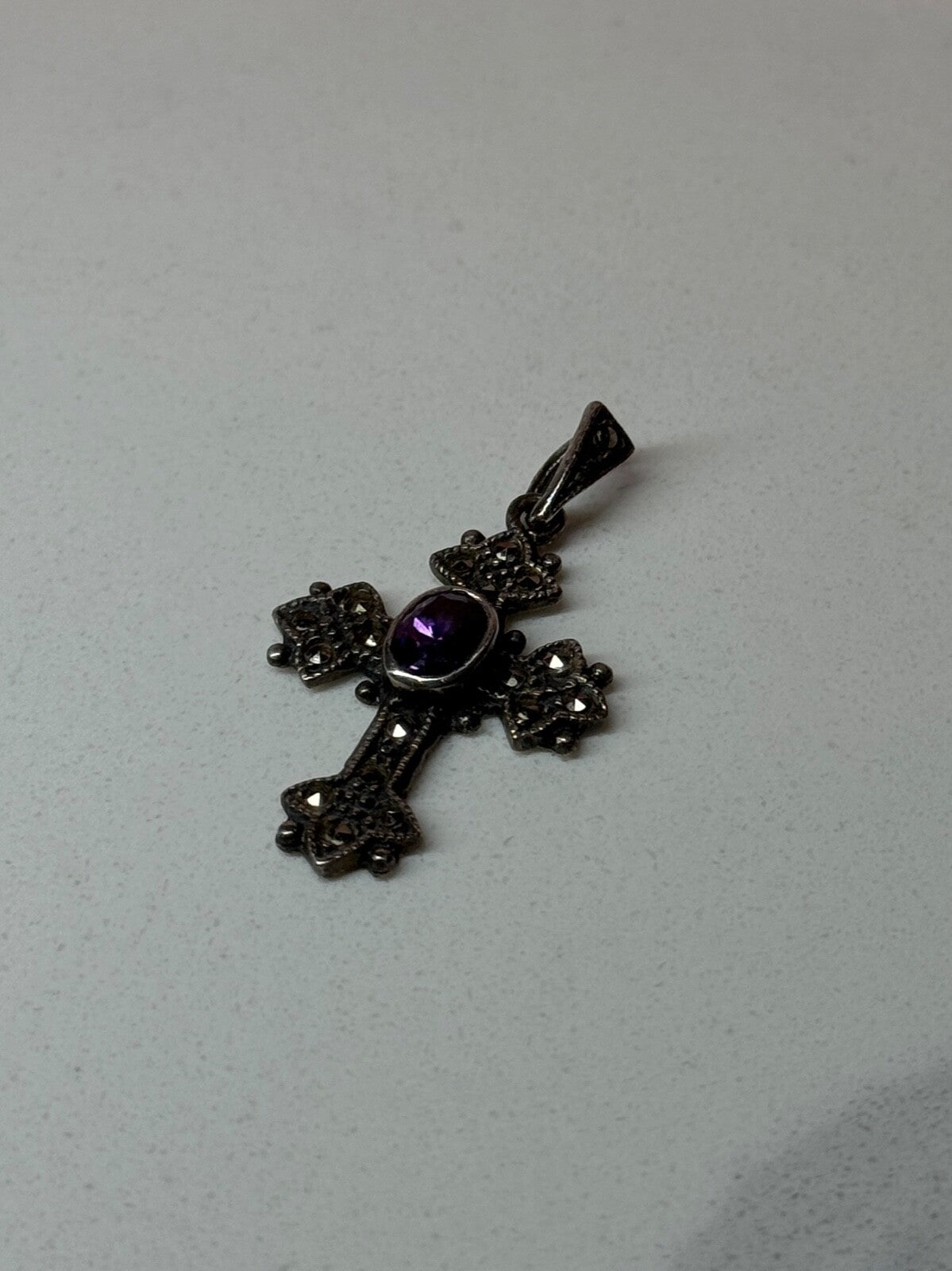925 Sterling Silver Amethyst & Marcasite Cross Length 1.3 In