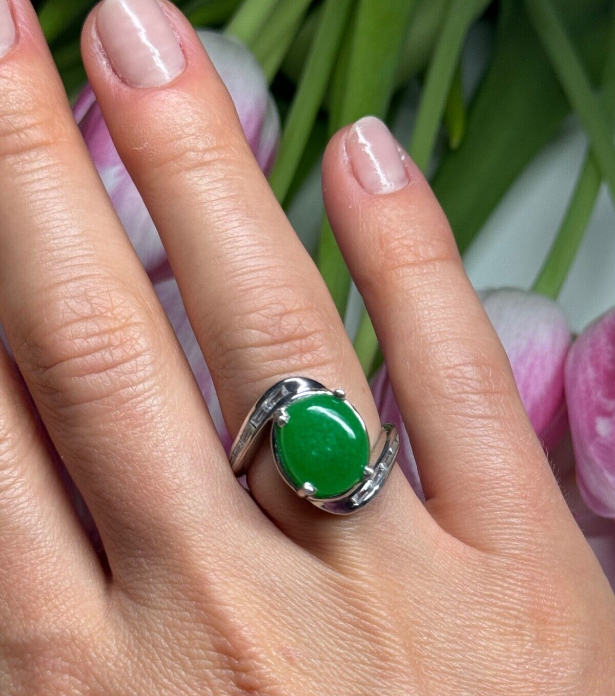 D'Joy 925 Sterling Silver Green Nephrite & White Beryl Ring Size 6.5