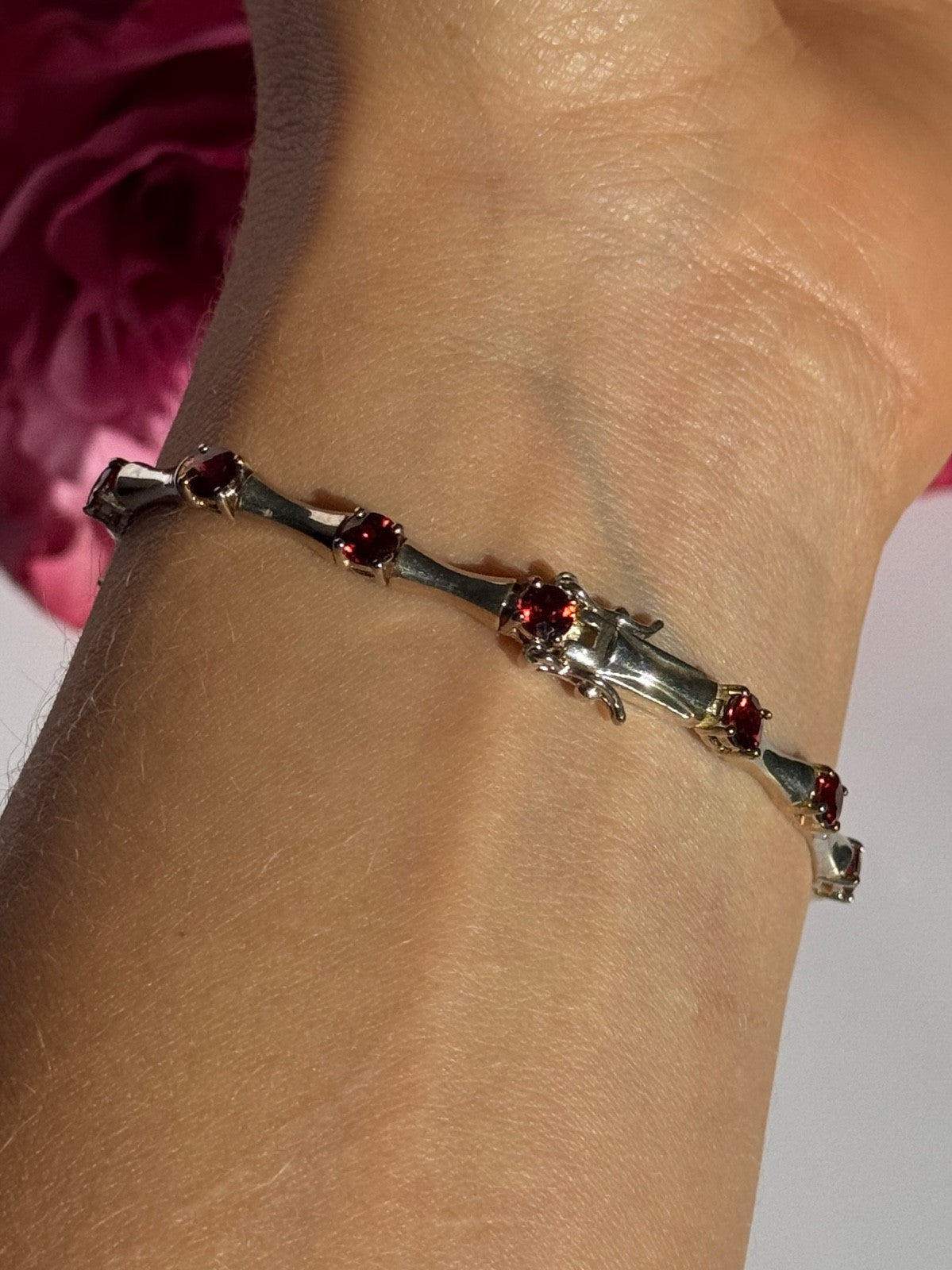 925 Sterling Silver Garnet Bracelet 7 Inch