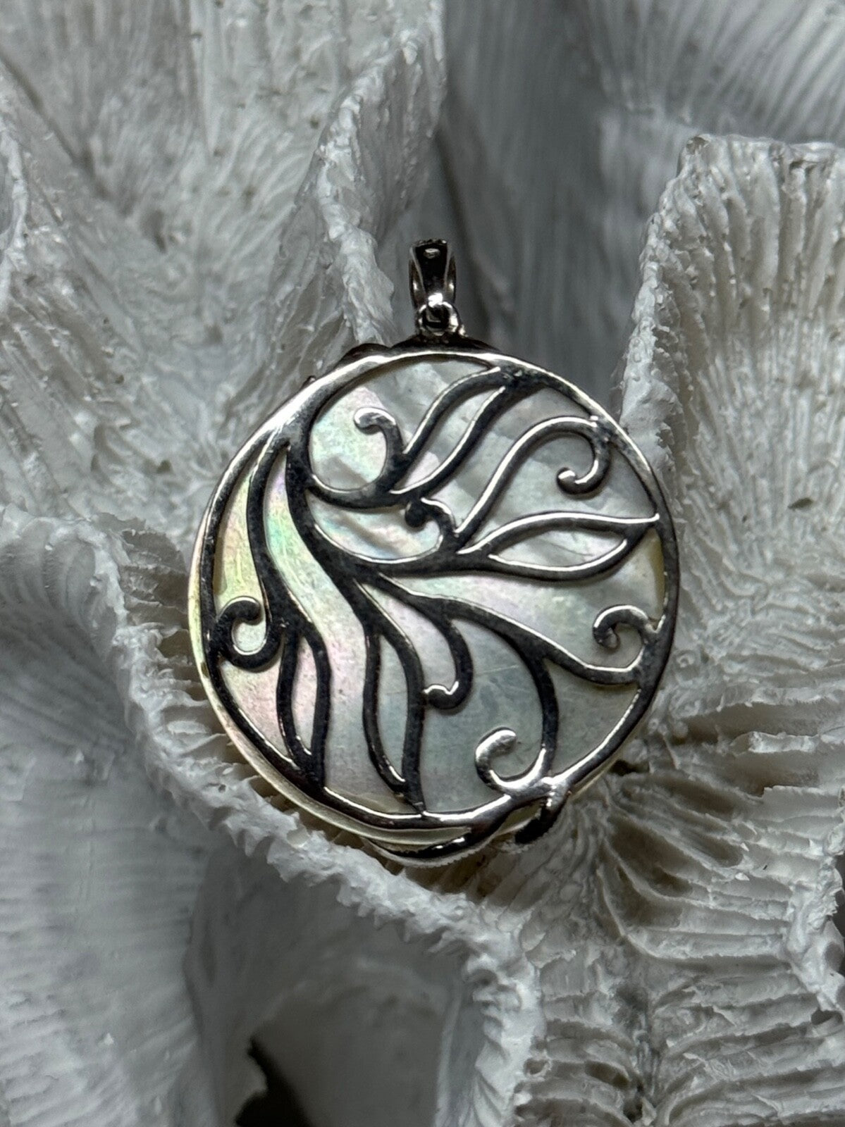 925 Sterling Silver Abalone & Marcasite Pendant Length 1.4 In