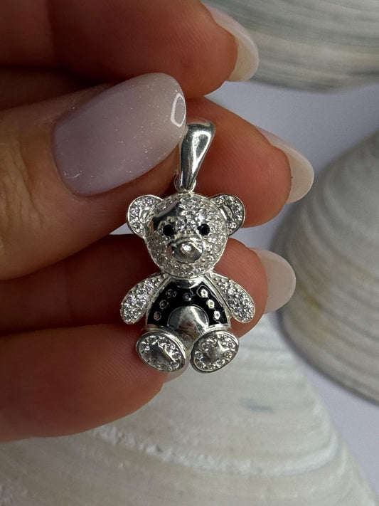 925 Sterling Silver Teddy Bear Cz Pendant Length 1.25 Inch