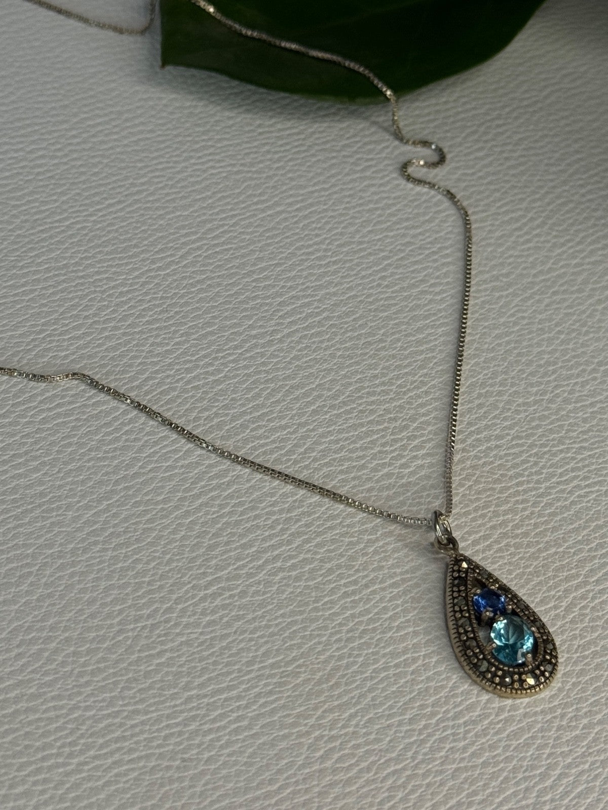 925 Sterling Silver Topaz, Sapphire & Marcasite Necklace Length 15.5 Inch