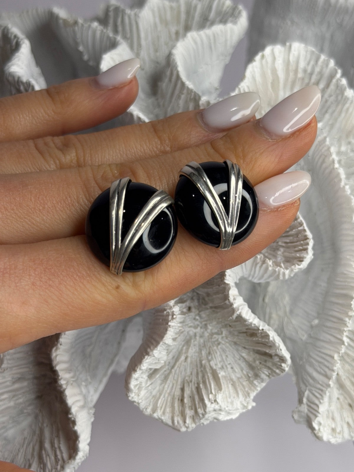 Vintage 925 Sterling Silver Black Onyx Earrings