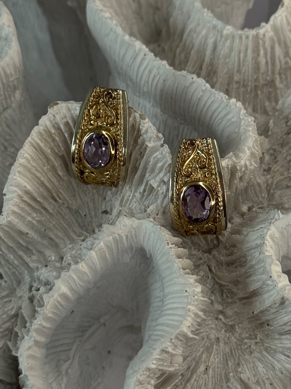 925 Sterling Silver Gold Plated Part Amethyst Earrings Length 0.70 Inch