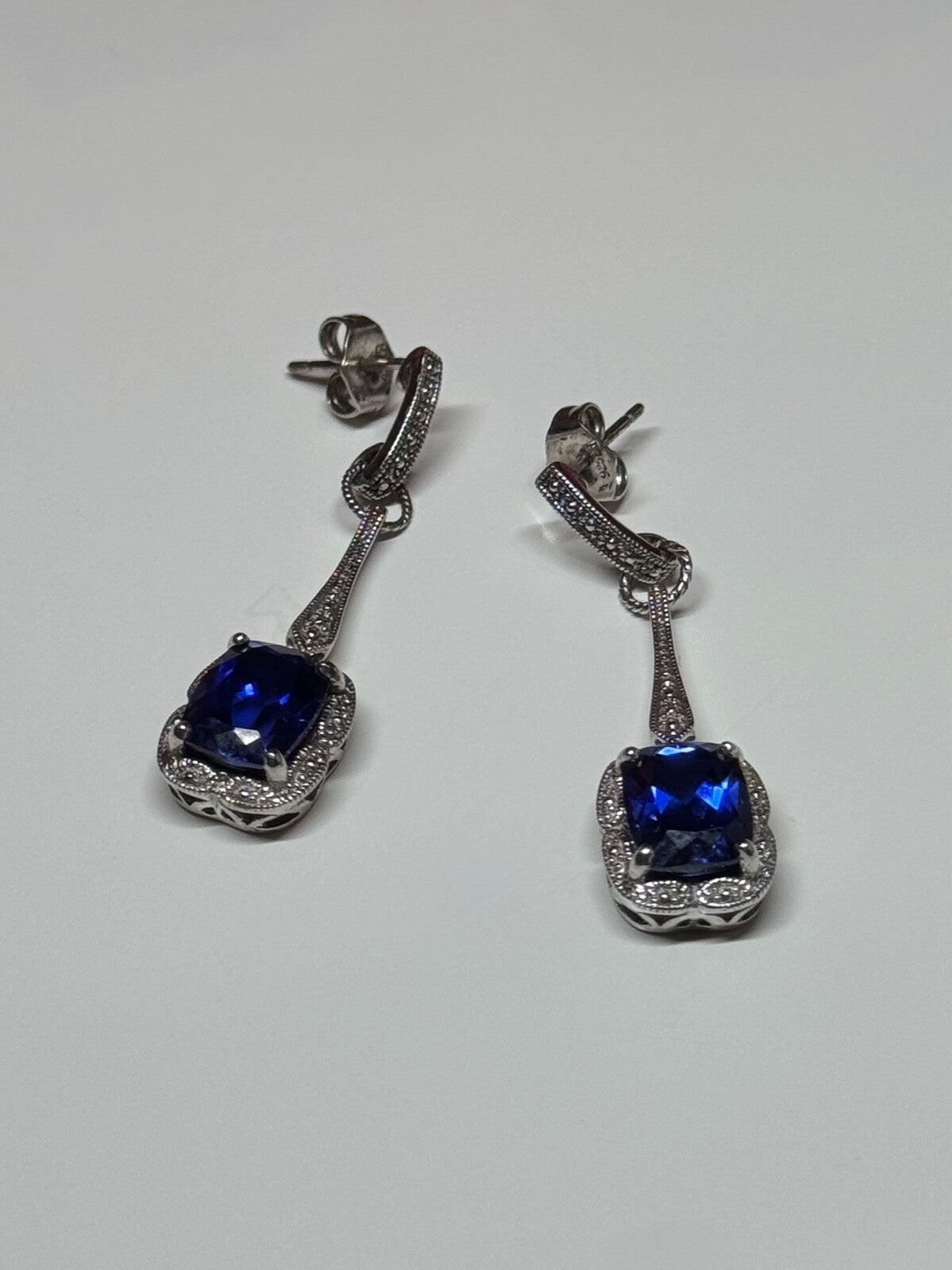 925 Sterling Silver Sapphire Earrings Length 1.5 Inch