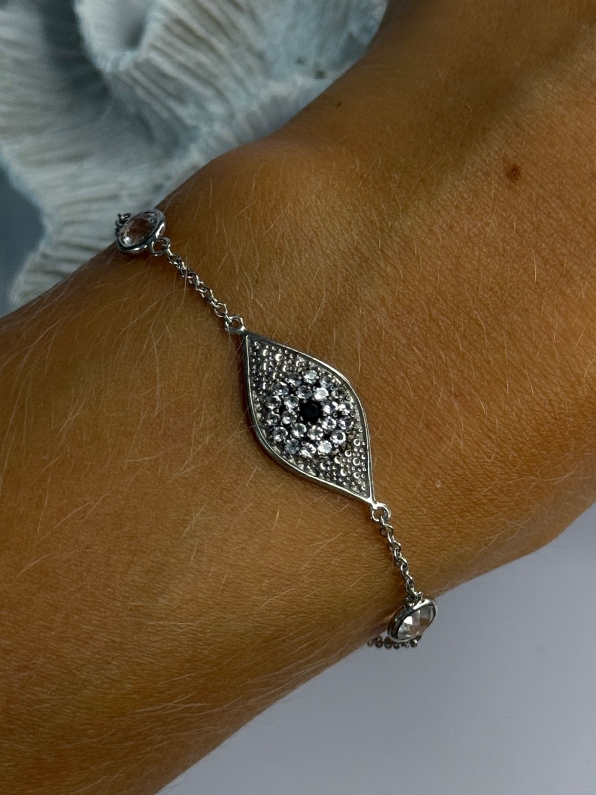 925 Sterling Silver Evil Eye Sapphire & Beryl Bracelet Length 6-7.5