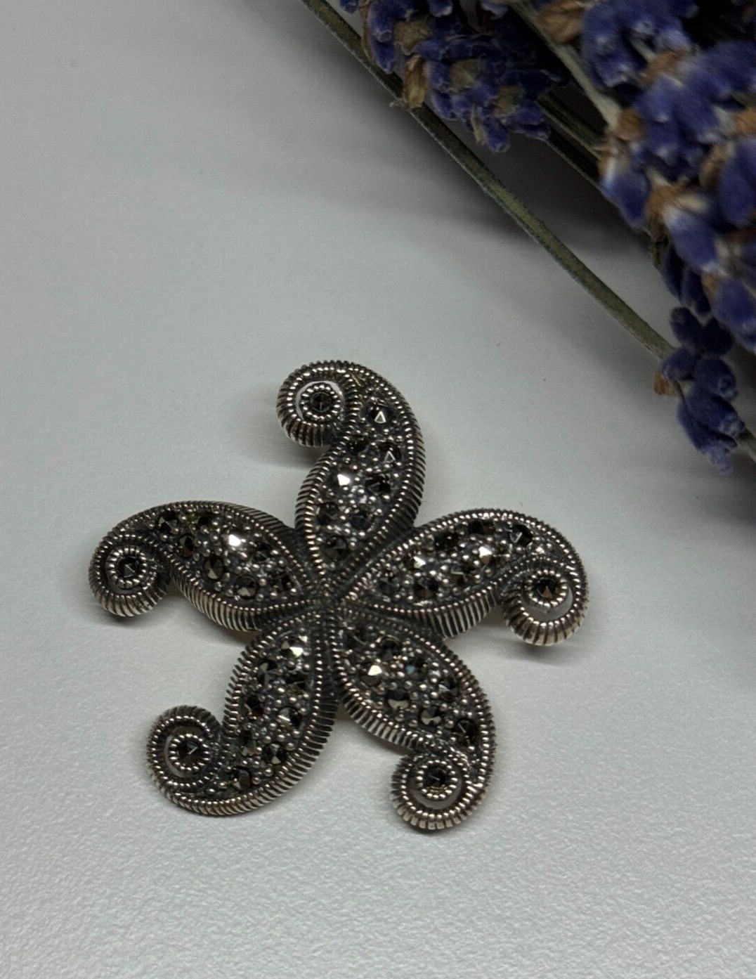 925 Sterling Silver Marcasite Starfish Brooch