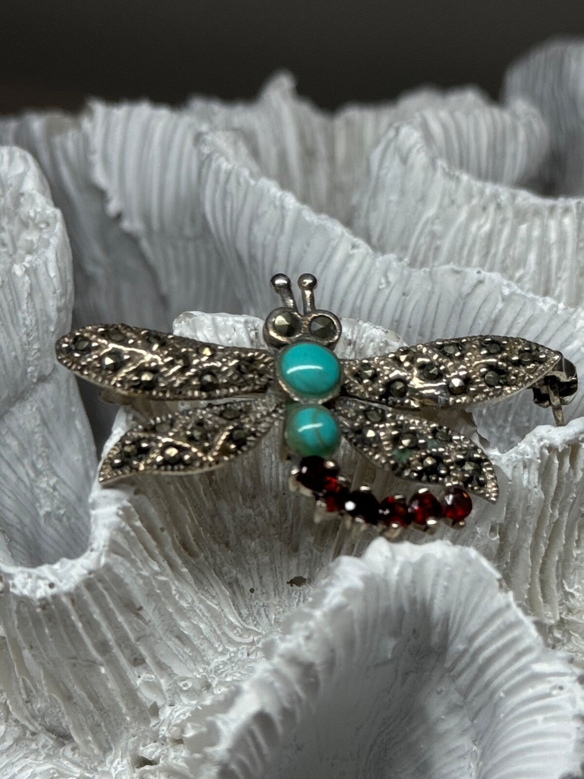 925 Sterling Silver Dragonfly Brooch Turquoise & Garnet Length 1.7 in