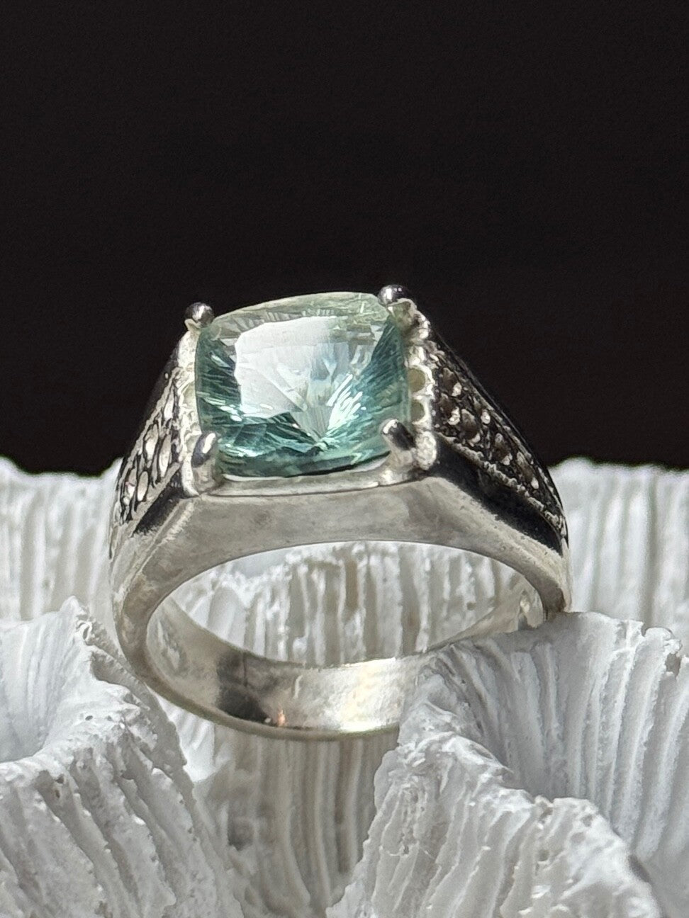 925 Sterling Silver Prasiolite Men'S Ring Size 9