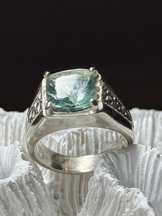 925 Sterling Silver Prasiolite Men'S Ring Size 9