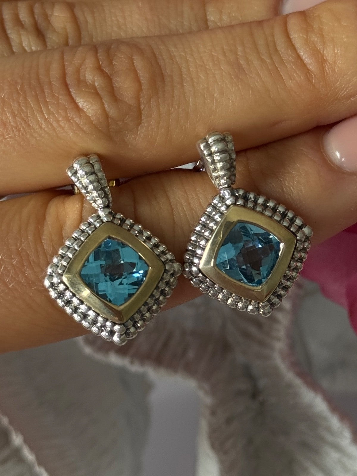 14K Yellow Gold & 925 Sterling Silver Blue Topaz Earrings