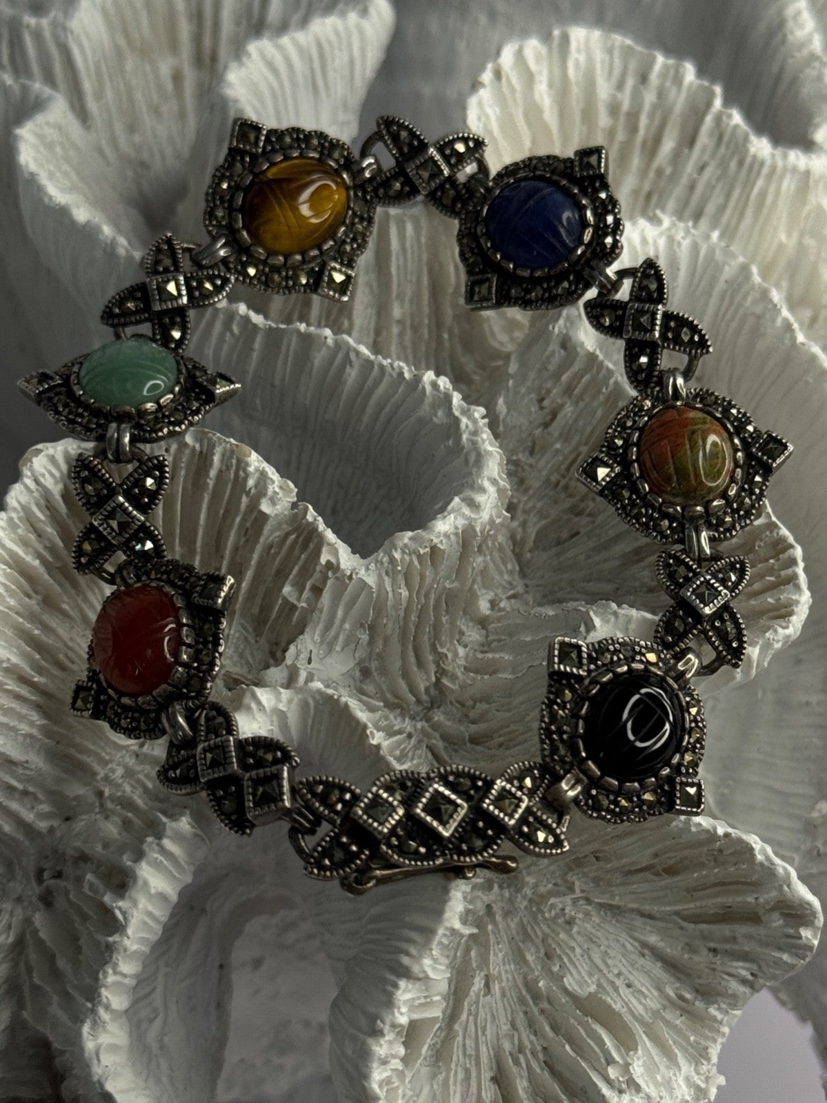 Vintage 925 Sterling Silver Multi Color Stones Bracelet Lenght 8