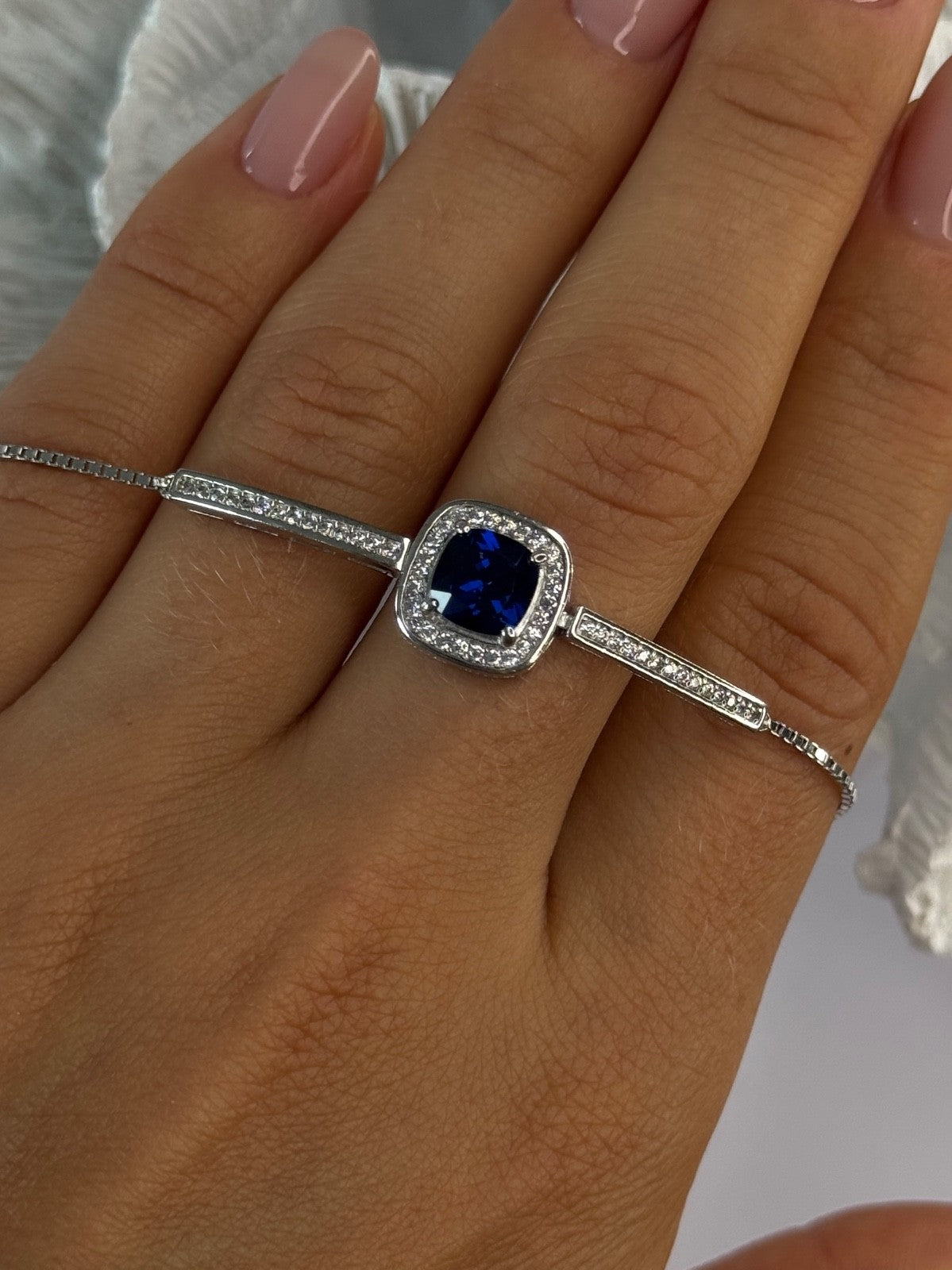 925 Sterling Silver Sapphire & Cz Bracelet Sizable