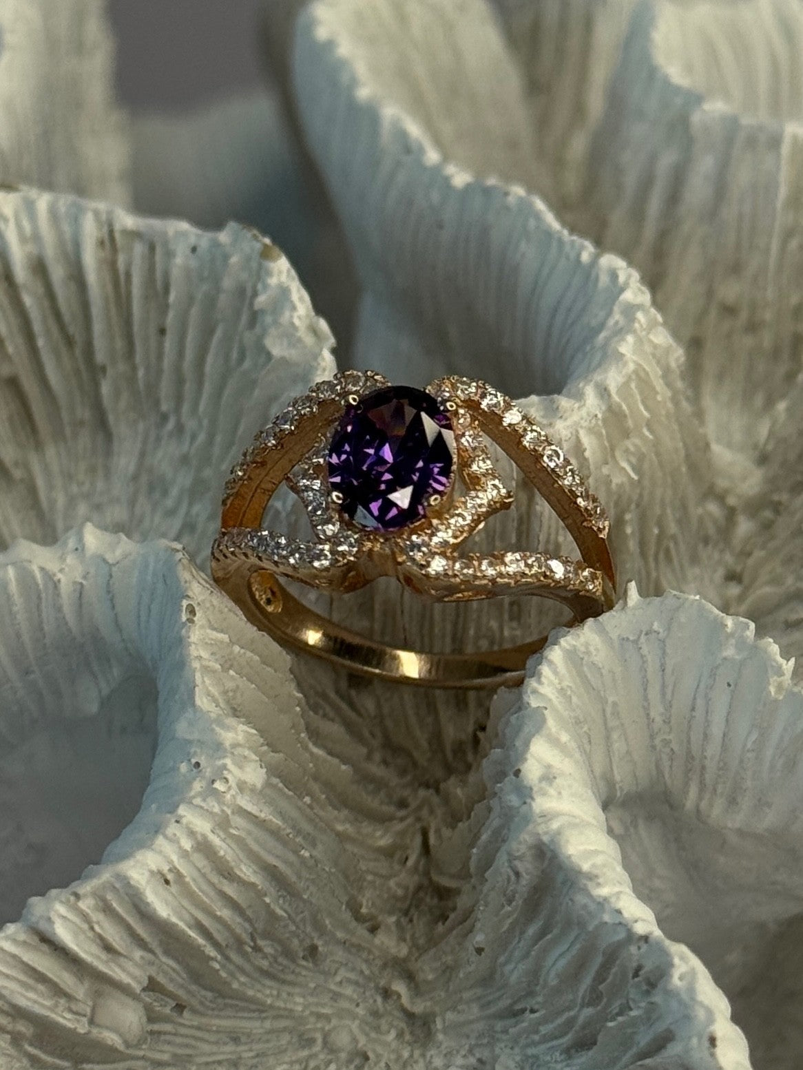 Rose Gold Plated 925 Sterling Silver Amethyst & Cz Ring Size 6