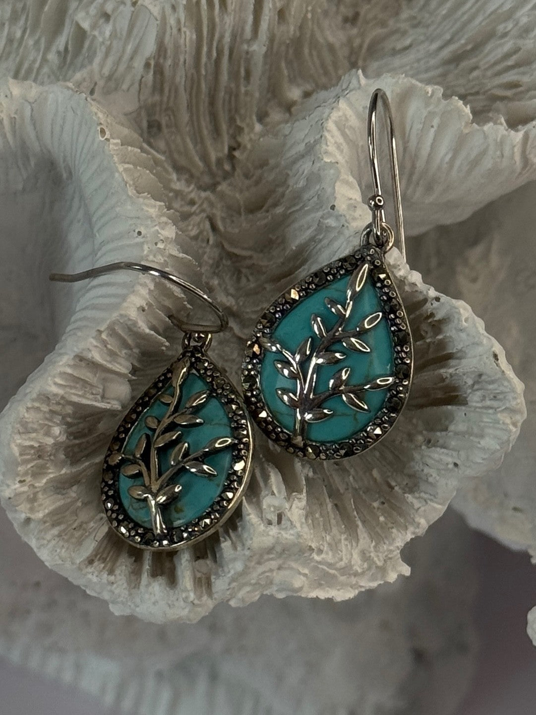 925 Sterling Silver Turquoise & Marcasite Earrings Length 1.20 Inch