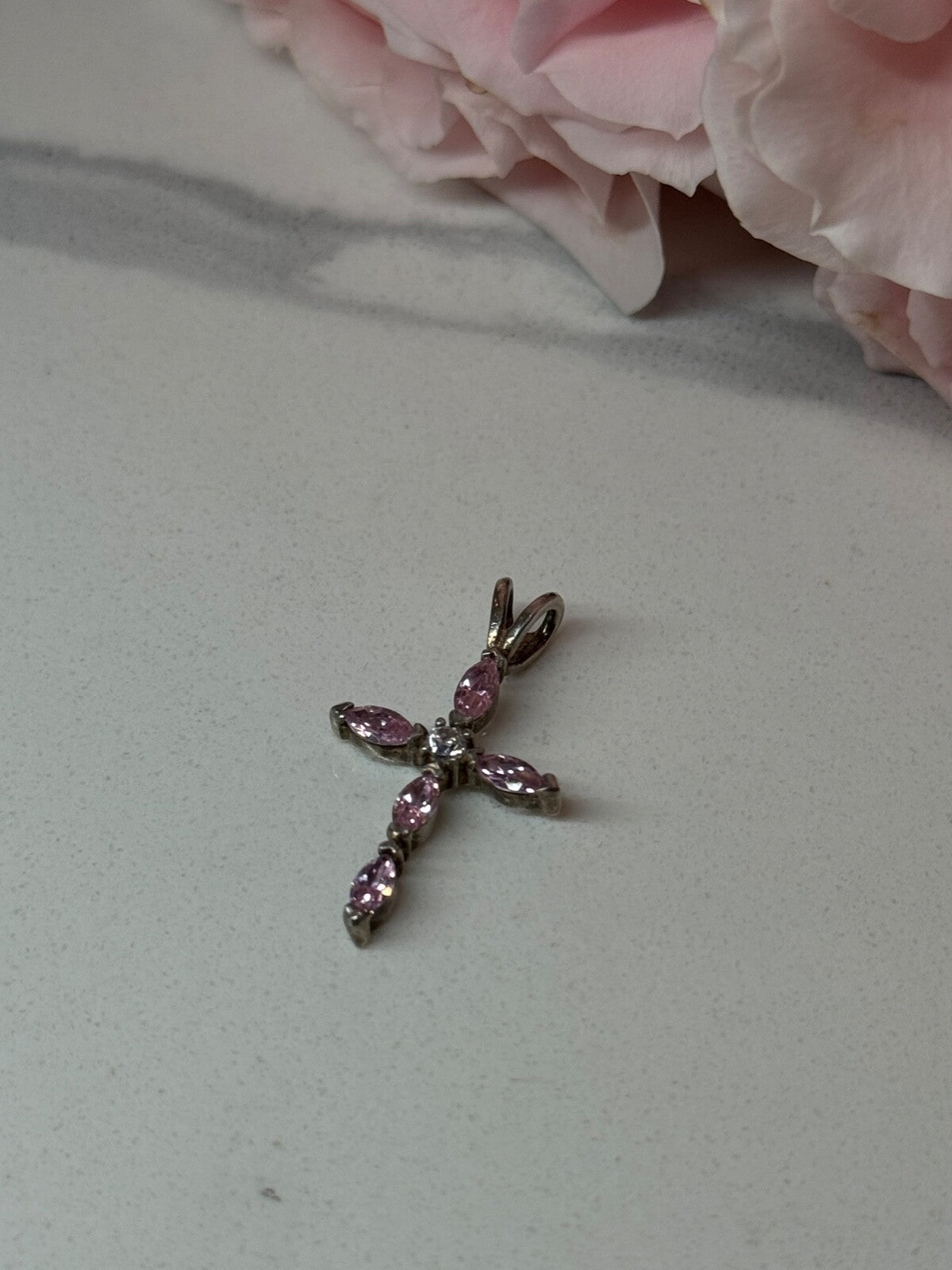 925 Sterling Silver Morganite & CZ Cross Length 1.1 In