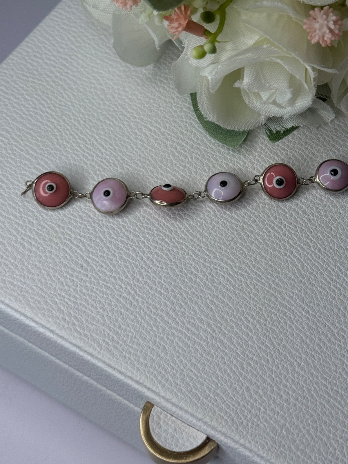 Ati 925 Sterling Silver Pink Evil Eye Bracelet Length 7 Inch