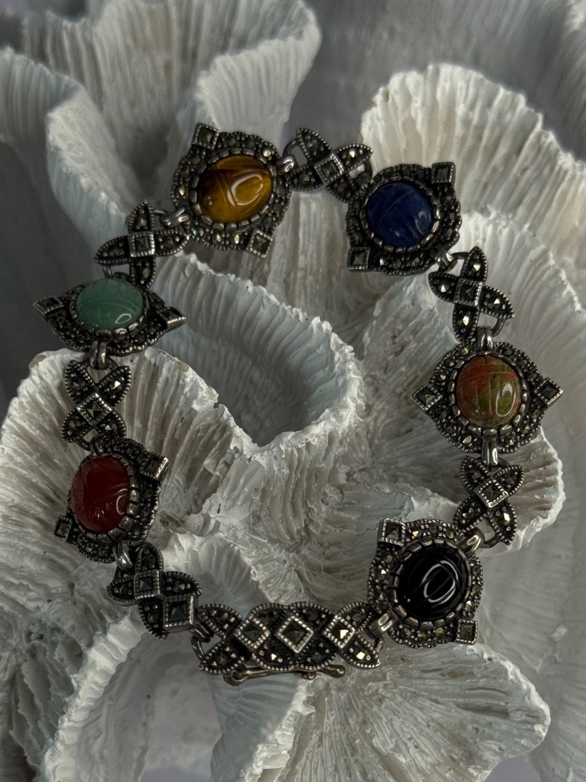 Vintage 925 Sterling Silver Multi Color Stones Bracelet Lenght 8