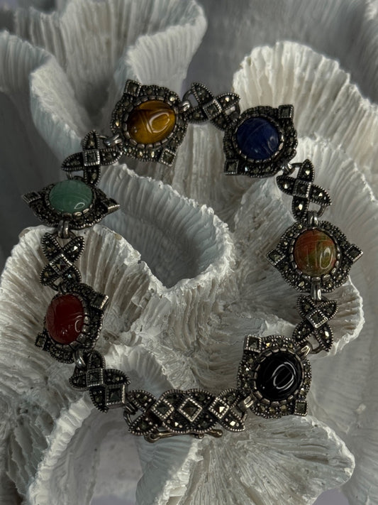 Vintage 925 Sterling Silver Multi Color Stones Bracelet Lenght 8