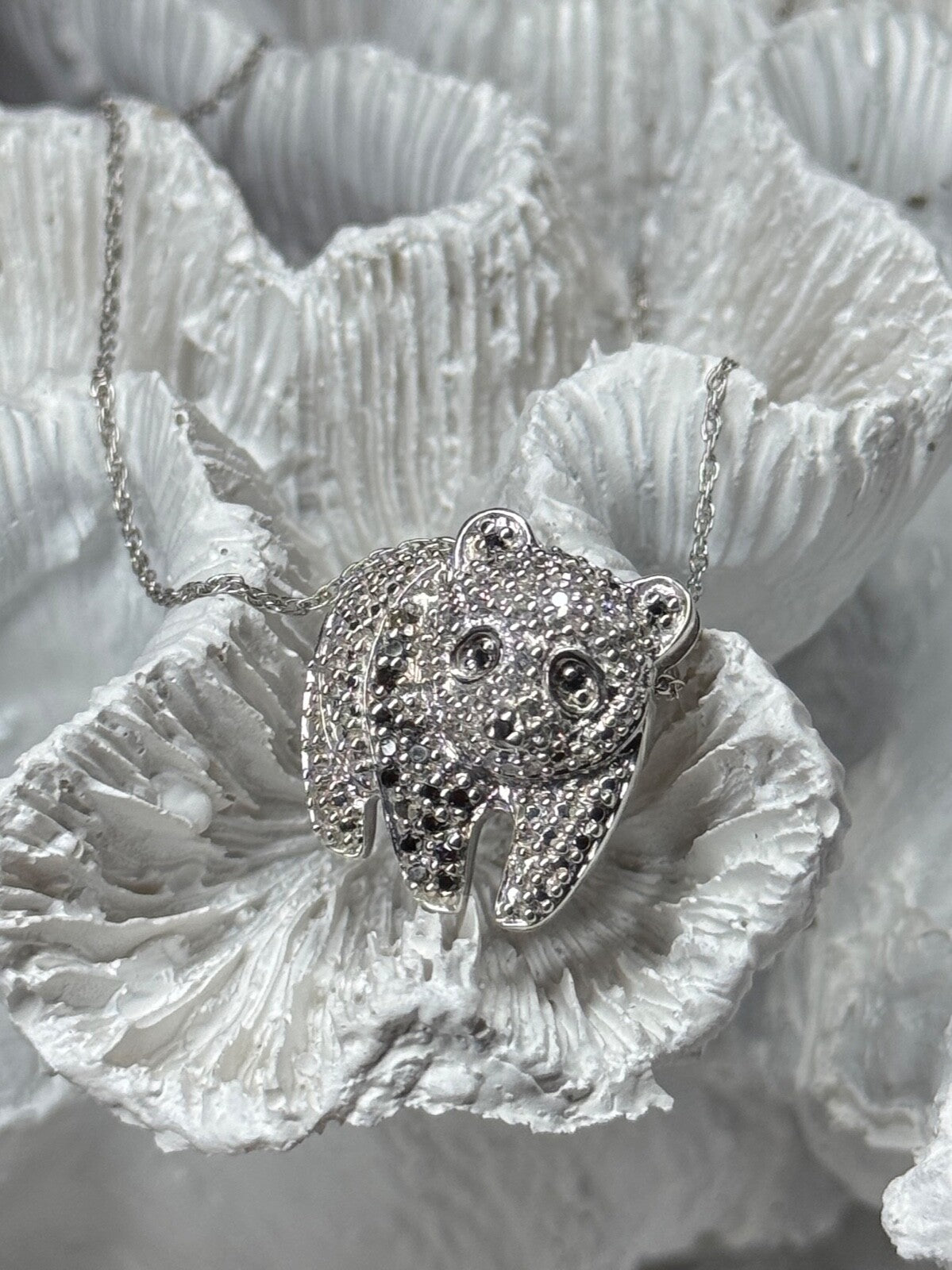 925 Sterling Silver CZ "Panda" Necklace Length 18 In