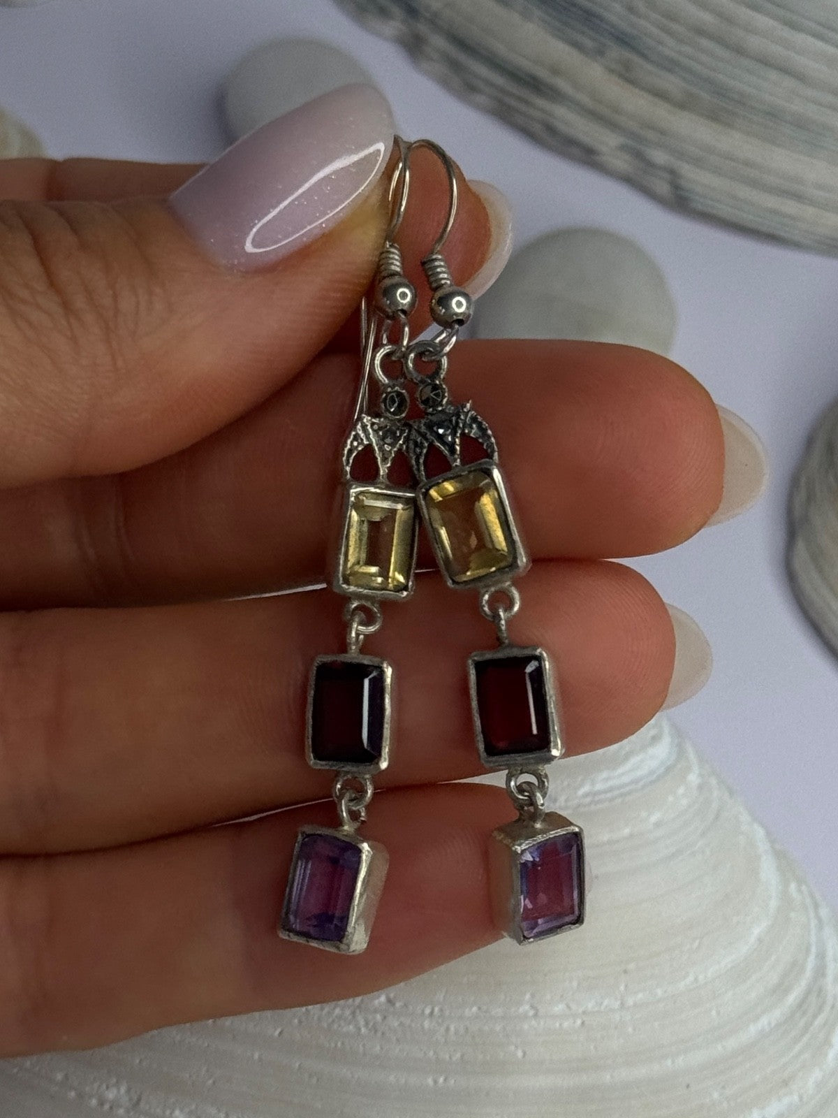925 Sterling Silver Amethyst & Garnet & Citrine Earrings Length 2.30 Inch