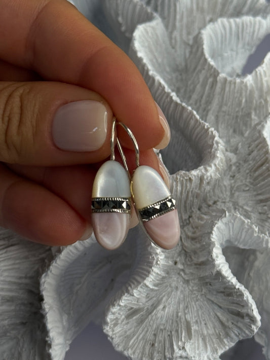 925 Sterling Silver Abalone & Marcasite Earrings Length 1.25 Inch