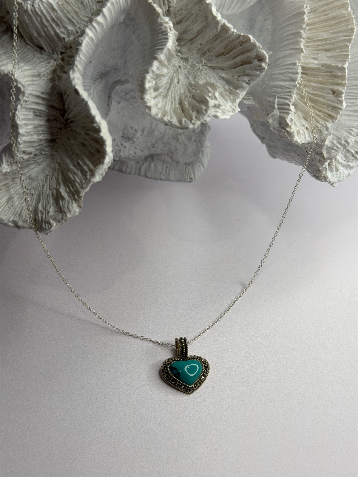 925 Sterling Silver Turquoise & Marcasite Heart Necklace