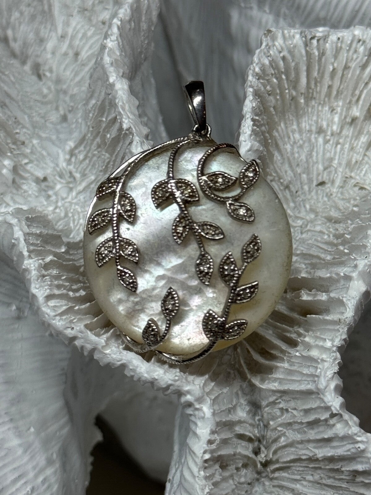 925 Sterling Silver Abalone & Marcasite Pendant Length 1.4 In
