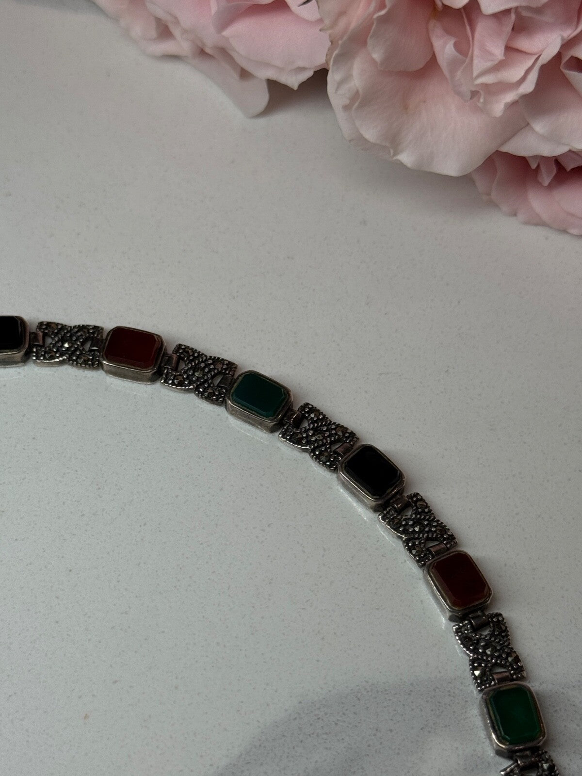 925 Sterling Silver Nephrite & Marcasite Bracelet Length 7.5 Inch