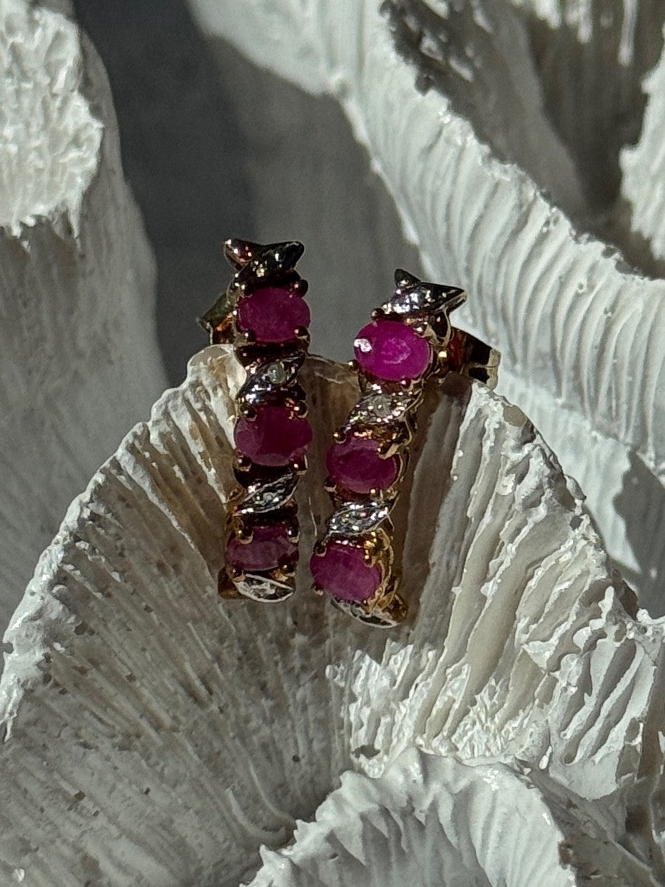 925 Sterling Silver Gold Plated Ruby & Diamond Earrings Length 0.77 Inch