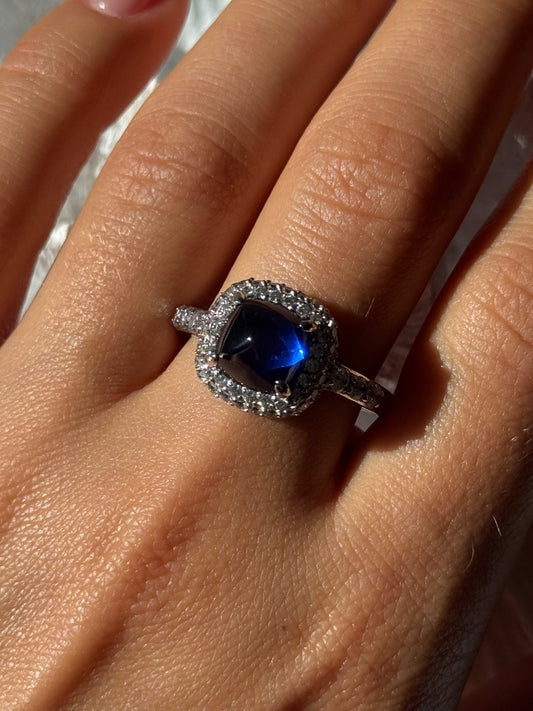 925 Sterling Silver Blue Sapphire & Cz Ring Size 11