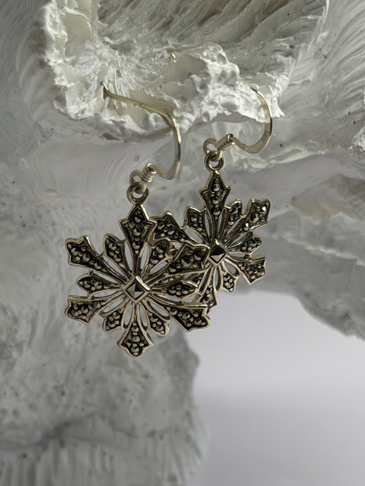 925 Sterling Silver Marcasite Snowflake Earrings
