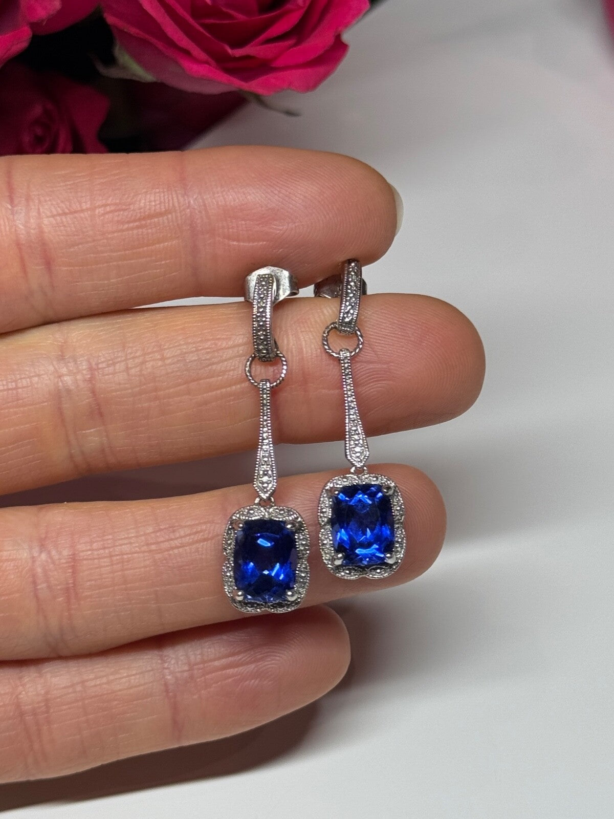 925 Sterling Silver Sapphire Earrings Length 1.5 Inch