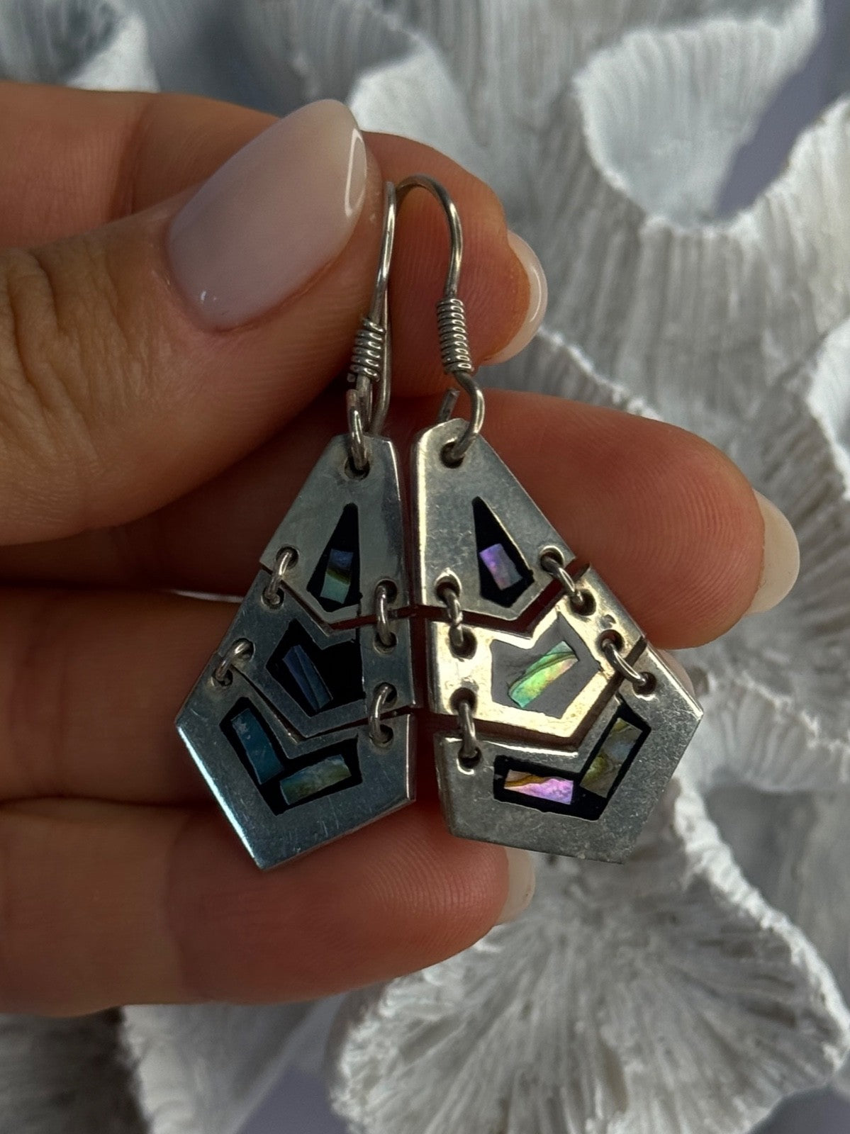 Vintage 925 Sterling Silver Onyx & Abalone Earrings Length 1.90 Inch