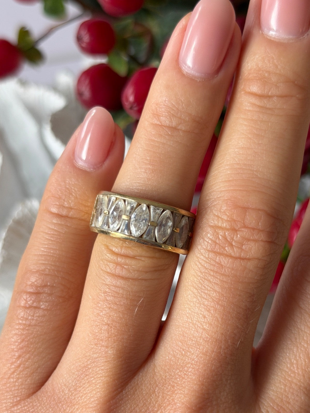 925 Sterling Silver Gold Plated Beryl Ring Size 6