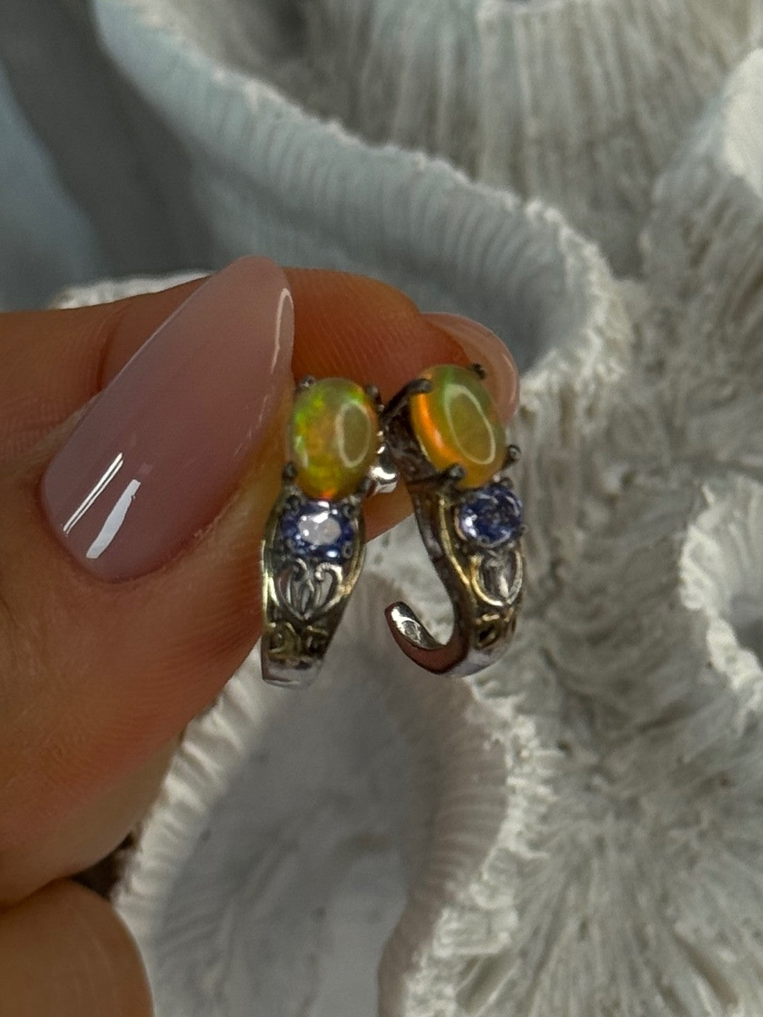 925 Sterling Silver Yellow Opal & Tanzanite Earrings Length 0.70 Inch