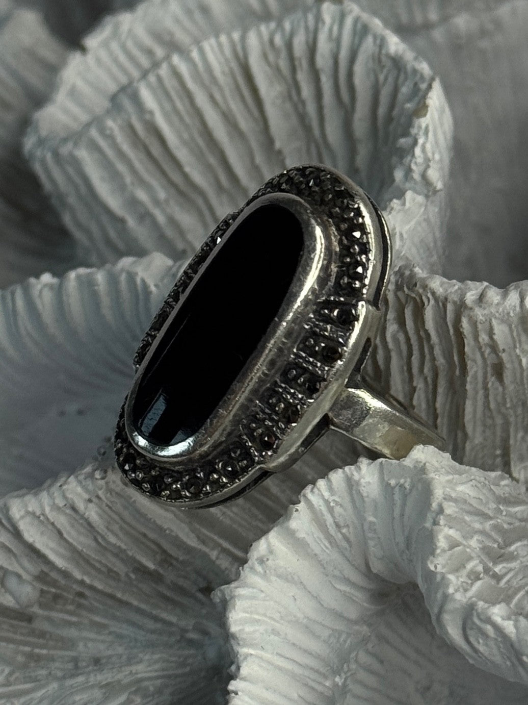 Vintage 925 Sterling Silver Onyx & Marcasite Ring Size 6.5