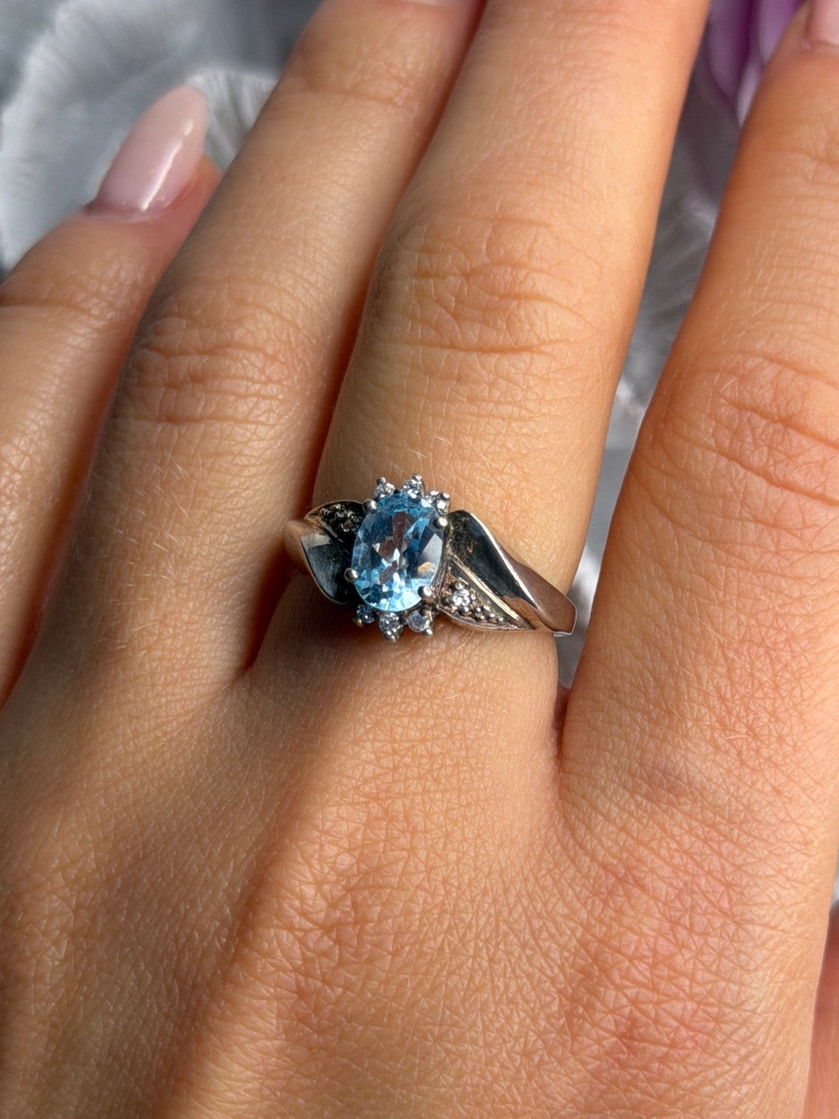 925 Sterling Silver Blue Topaz & Beryl Ring Size 8