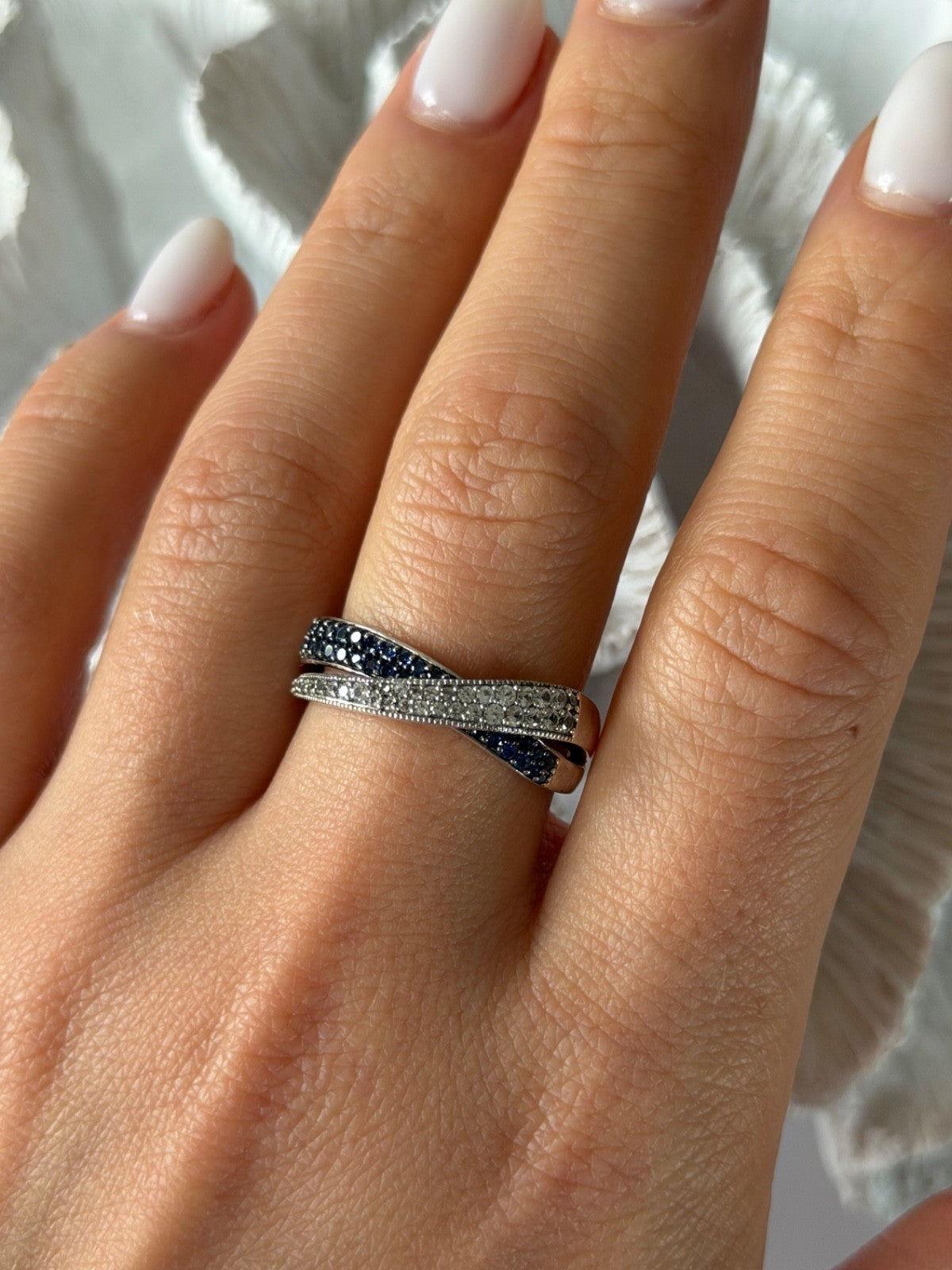 925 Sterling Silver White & Blue Spinel Ring Size 9.5