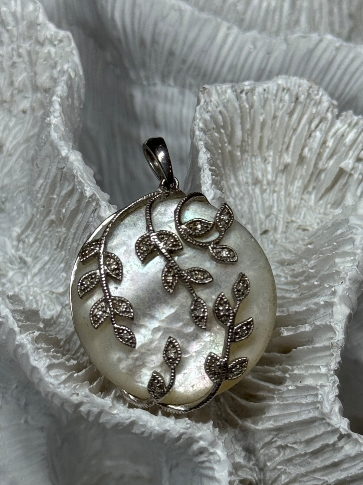 925 Sterling Silver Abalone & Marcasite Pendant Length 1.4 In