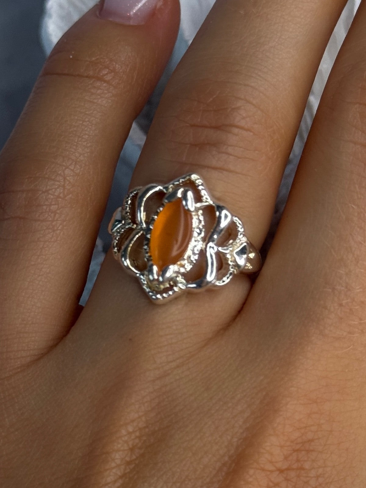 925 Sterling Silver Orange Agate Ring Size 6.5