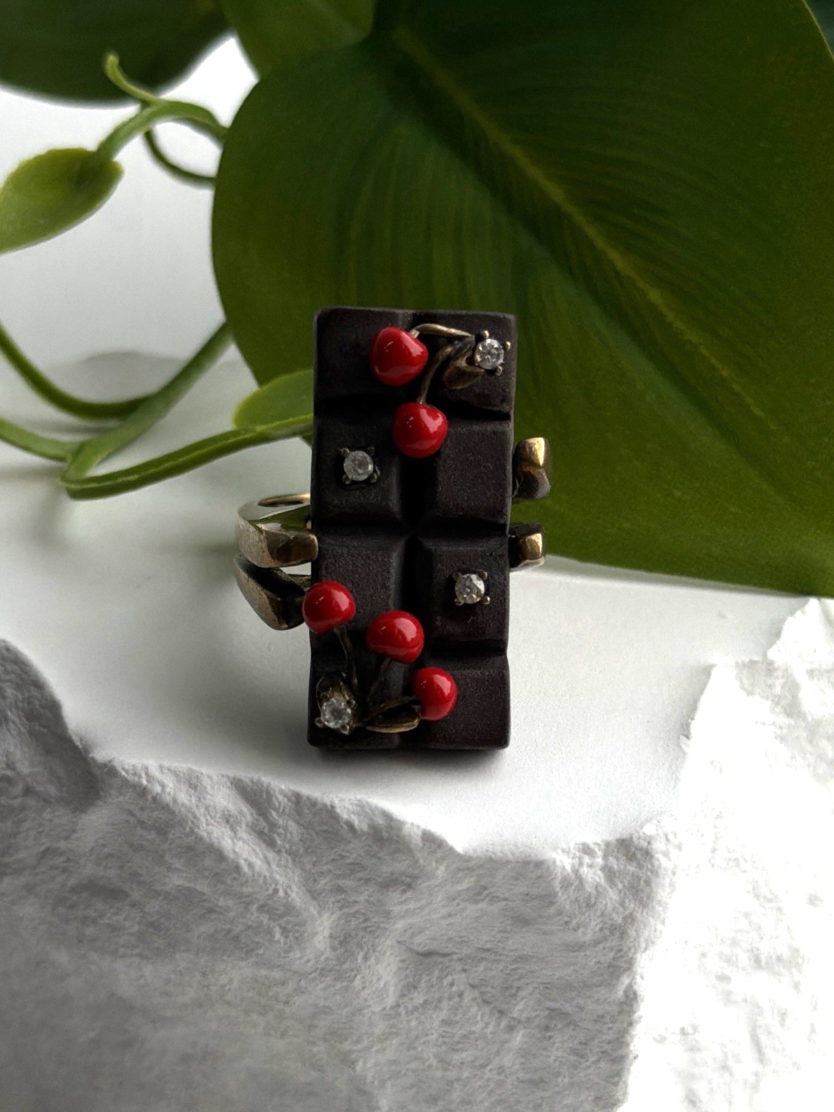 By Philippe Black Enamel & Red Bead Cherry 925 Sterling Silver Ring Size 8