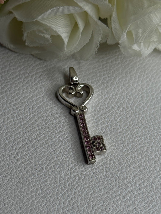 925 Sterling Silver Pink Topaz Key Heart Pendant Length 1.60 Inch